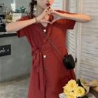 Tie-waist V-neck Short-sleeve A-line Dress Red - One Size