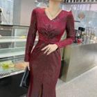 Long-sleeve Ruffle Hem Sequined Maxi Sheath Dress