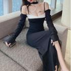 Long-sleeve Two Tone Cold-shoulder Midi Dress