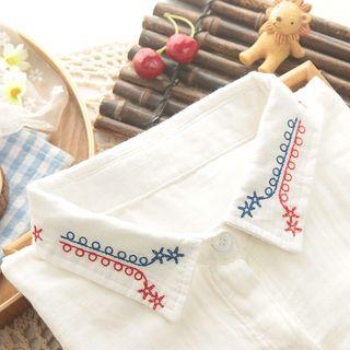 Long-sleeve Embroidered Collar Shirt Milky White - One Size