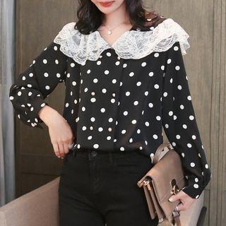 Long-sleeve Dotted Lace Trim Blouse