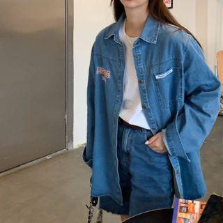 Lettering Embroidered Denim Shirt Jacket Blue - One Size