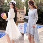 Long-sleeve Dip-back Fringe-hem Dress