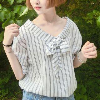 Short Sleeve Tie-neck Striped Top