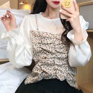 Mock Two-piece Pudd-sleeve Floral Print Blouse