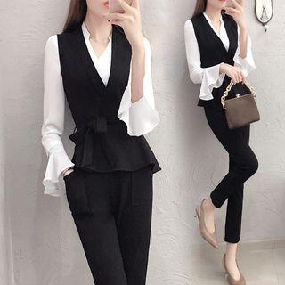 Set: Bell-sleeve Blouse + Vest + Slim-fit Dress Pants