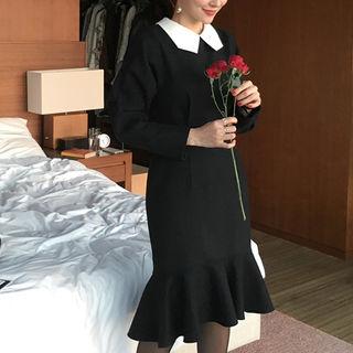 Contrast-collar Ruffle-hem Wool Blend Dress