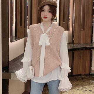 Bell Sleeve Lace-up Blouse / V-neck Knit Vest