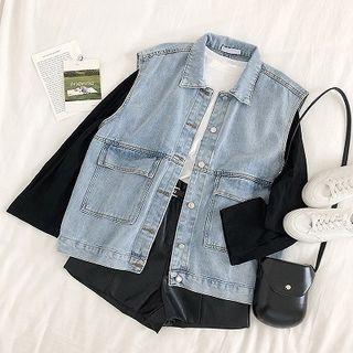 Single-breasted Denim Sleeveless Jacket Blue - One Size