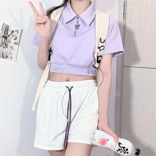 Short-sleeve Zip Lettering Slim Fit Polo Shirt