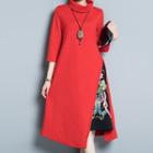 Embroidered 3/4-sleeve A-line Knit Dress