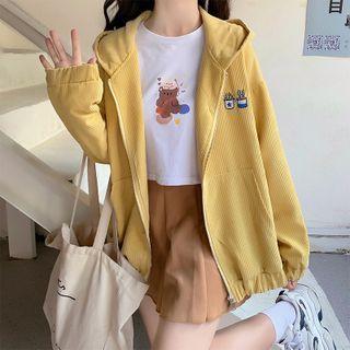 Embroidered Hooded Corduroy Zip-up Jacket