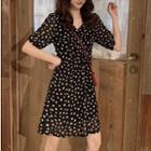 Short-sleeve Crinkled Floral A-line Dress