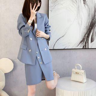 Set: Plain Double-breasted Blazer + Pencil Skirt