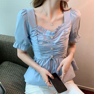 Puff-sleeve Plain Chiffon Shirred Blouse