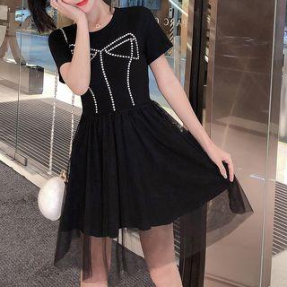 Short-sleeve Rhinestone Mesh Panel Mini Dress