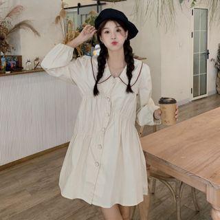 Long-sleeve Peter Pan-collar A-line Dress Almond - One Size