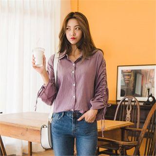 Shirred-sleeve Blouse Dark Brown - One Size