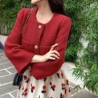 Front-pocket Button Jacket / 3d Cherry Pattern Midi A-line Skirt