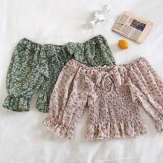 Floral Off-shoulder Slim-fit Flare-sleeve Blouse