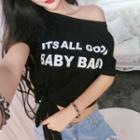 Set: Lettering Short Sleeve Tie Waist T-shirt + Distressed Jeans