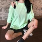 Elbow-sleeve Mock Two-piece Lettering T-shirt / Longline Shorts