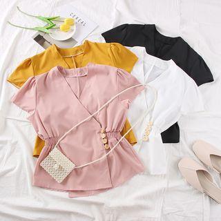 Gather-waist V-neck Chiffon Top