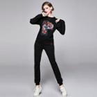 Set: Long Sleeve Fish Embroidery T-shirt + Harem Sweatpants