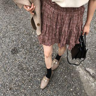 Frill-trim Crinkled Plaid Miniskirt