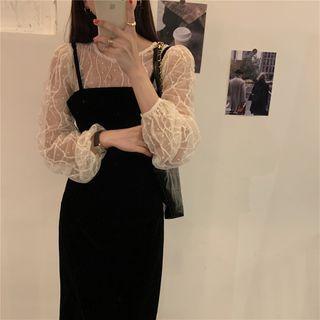 Long-sleeve Mesh Top / Spaghetti Strap Slit Midi Sheath Dress