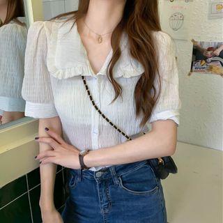 Short-sleeve Textured Chiffon Buttoned Top