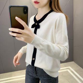 Long-sleeve Contrast Trim Single-breasted Knit Top