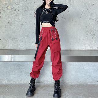 Cargo Harem Pants / Long-sleeve Asymmetrical Cropped T-shirt / Faux Leather Body Harness / Set