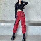 Cargo Harem Pants / Long-sleeve Asymmetrical Cropped T-shirt / Faux Leather Body Harness / Set