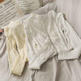 Embossed Puff-sleeve Zipper Crop Top