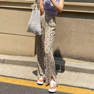 Slit-hem Pleated Floral Pants