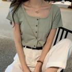 Short-sleeve Scoop-neck Button-up Cropped T-shirt