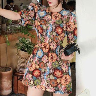 Flower Elbow-sleeve Mini A-line Dress