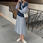 Long-sleeve Midi Smock Dress / V-neck Sweater Vest