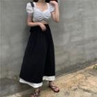 Puff-sleeve V-neck Crop Top / A-line Midi Skirt