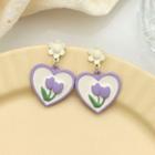 Floral Heart Drop Earring 1 Pair - Purple & White - One Size
