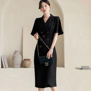 Bell-sleeve Double-breasted Midi Blazer Dress With Belt