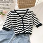 Striped 3/4-sleeve Open Knit Top Stripes - Black & White - One Size