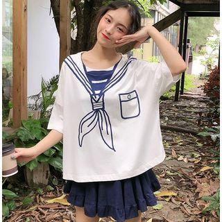 Sailor-collar Print Elbow-sleeve T-shirt