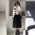 V-neck Bow Accent Cable Knit Cardigan / Midi A-line Skirt / Set