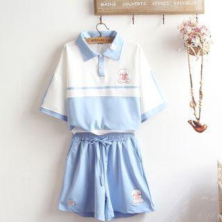 Elbow-sleeve Cartoon Print Polo Shirt / Sweatshorts / Set