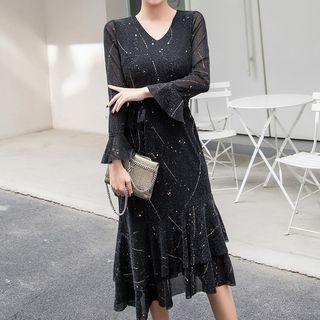 Bell-sleeve Glitter Midi A-line Dress