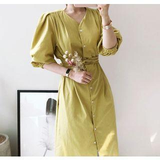 Puff-sleeve Pintuck Long Shirtdress With Sash