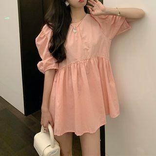 Puff-sleeve Lace-up Back Mini A-line Dress