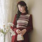 Long-sleeve Mock-neck Striped Knit Panel Corduroy Midi A-line Dress